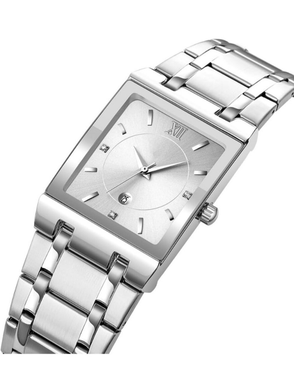 Men's Silver Square Dial Date Waterproof Analog Quartz Stainless Steel Watches - Picture 2 of 4